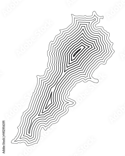 Abstract map of Lebanon showing the country border buffered inside with black tapering lines