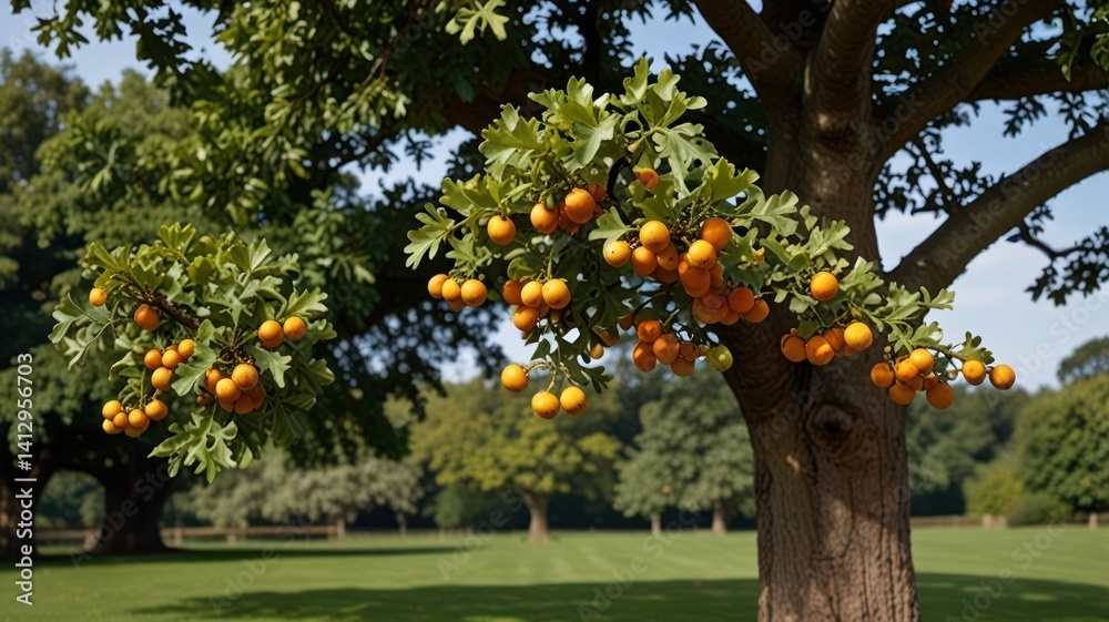 Fototapeta premium Orange berries on tree, park background, autumn day, nature scene