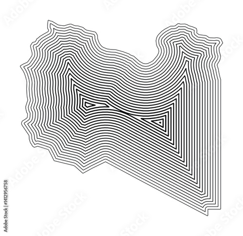 Abstract map of Libya showing the country border buffered inside with black tapering lines