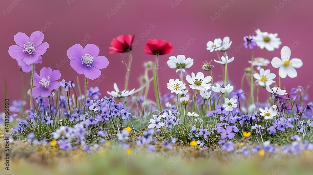 Vibrant wildflowers meadow against pink backdrop, showcasing nature's beauty