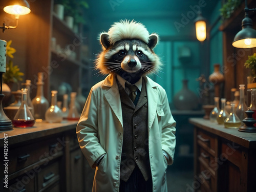Cartoon raccoon scientist in a vintage lab is ready to conduct experiments, creating unique results.