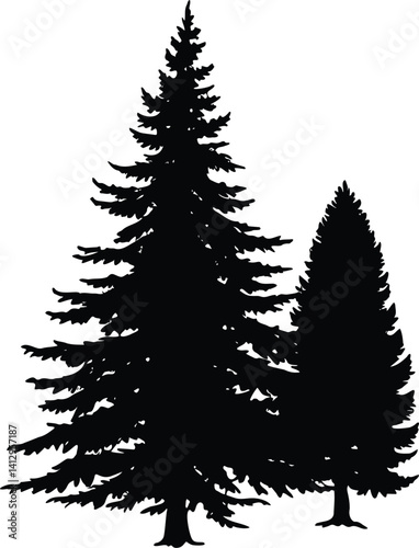 Vintage trees and forest silhouettes set in monochrome style isolated vector illustration