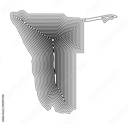 Abstract map of Namibia showing the country border buffered inside with black tapering lines