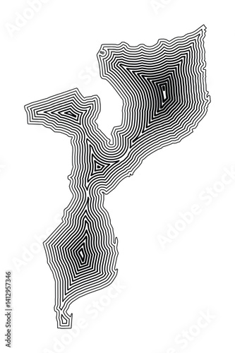 Abstract map of Mozambique showing the country border buffered inside with black tapering lines