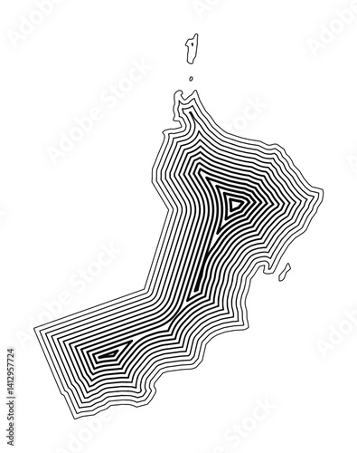 Abstract map of Oman showing the country border buffered inside with black tapering lines