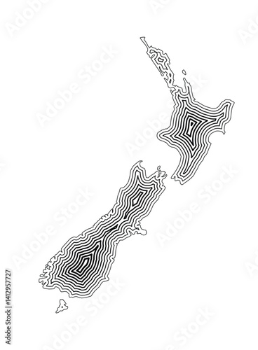 Abstract map of New Zealand showing the country border buffered inside with black tapering lines