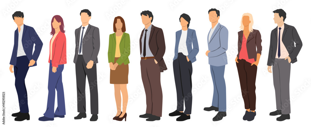 Set of young men and women, different colors, cartoon character, group of silhouettes of standing business people, design concept of flat icon, isolated on white background