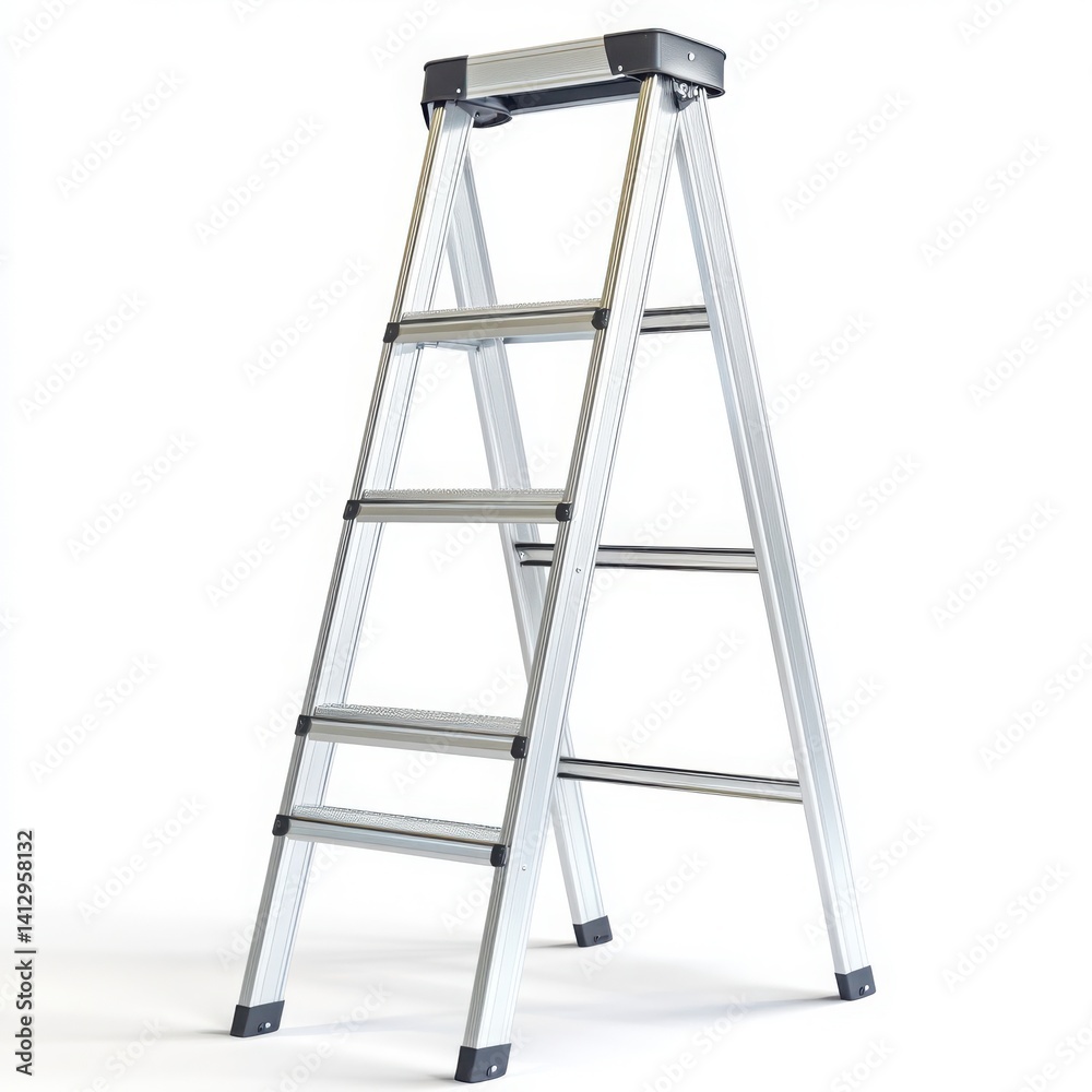 Silver step ladder standing upright isolated on white background Silver step ladder standing upright isolated on white background