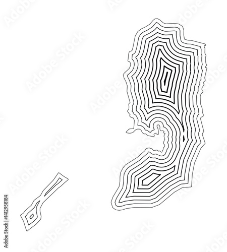 Abstract map of Palestine showing the country border buffered inside with black tapering lines