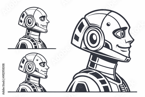 Funny black and white cartoon head of a robot monster character illustration