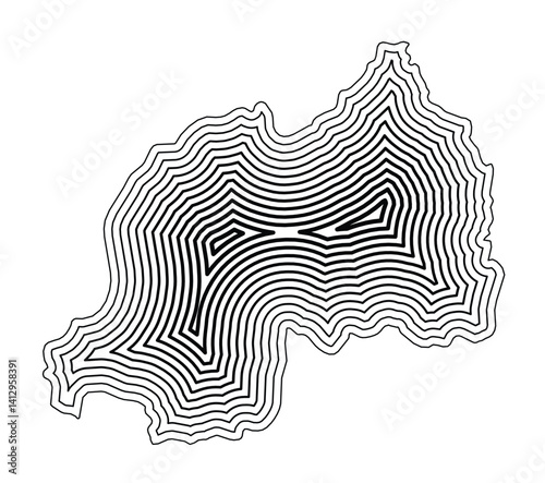 Abstract map of Rwanda showing the country border buffered inside with black tapering lines