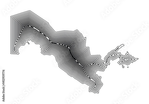 Abstract map of Uzbekistan showing the country border buffered inside with black tapering lines