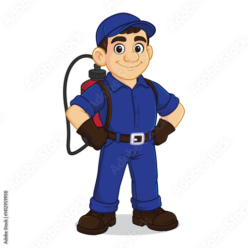 Cartoon Pest Control Worker Standing with Spray Equipment

