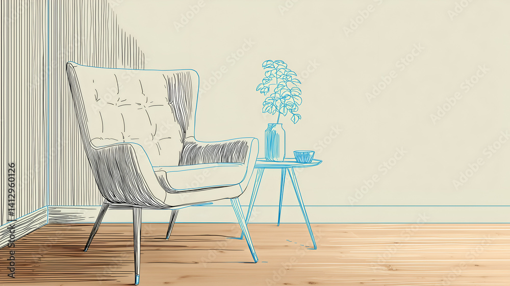 Fototapeta premium Modern Armchair Illustration: Scandinavian Decor, Minimalist Interior Design, and Chic Furniture in Cozy Living Room