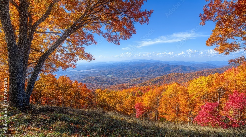 A scenic autumn view from a mountain, showcasing layers of colorful trees and a clear blue sky A scenic autumn view from a mountain, showcasing layers of colorful trees and a clear blue sky