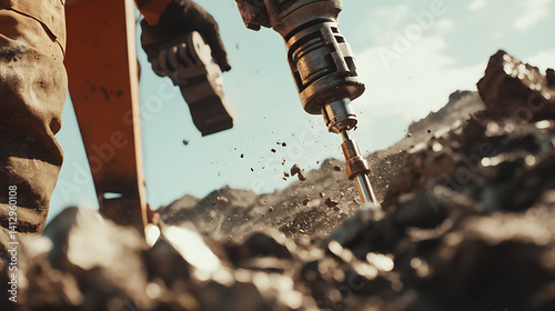 Iron ore miner using a pneumatic drill at a mining site. Featuring drilling and ore extraction