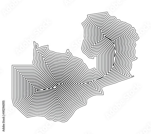 Abstract map of Zambia showing the country border buffered inside with black tapering lines