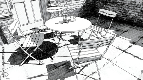 Minimalist Sketch of Patio Furniture: Artistic Outdoor Dining Space Under Sunlit Shadows