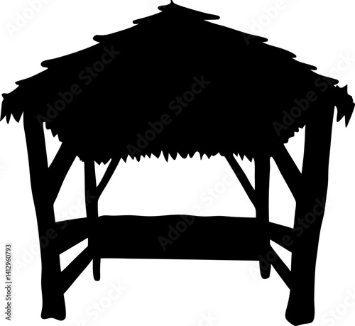 Simple Black Silhouette of a Thatched Roof Shelter
