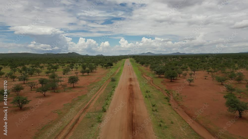 Drone view of a car driving on long road crossing the landscape of Savannah under cloudy sky Drone view of a car driving on long road crossing the landscape of Savannah under cloudy sky