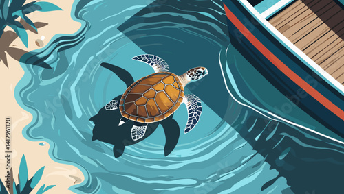 Sea turtle swimming near a boat in clear blue water, depicting coastal marine life and tranquility