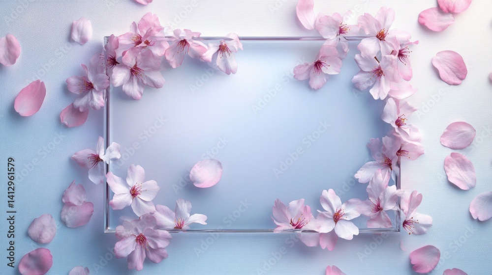 Fototapeta premium Springtime Bloom: A soft and delicate arrangement of cherry blossom and petals, forming a serene frame, evokes feelings of peace and renewal.