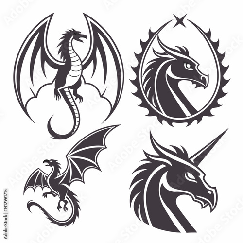 Dragon tattoo design set features tribal vector illustrations of mythical animal silhouettes, a fantasy art symbol