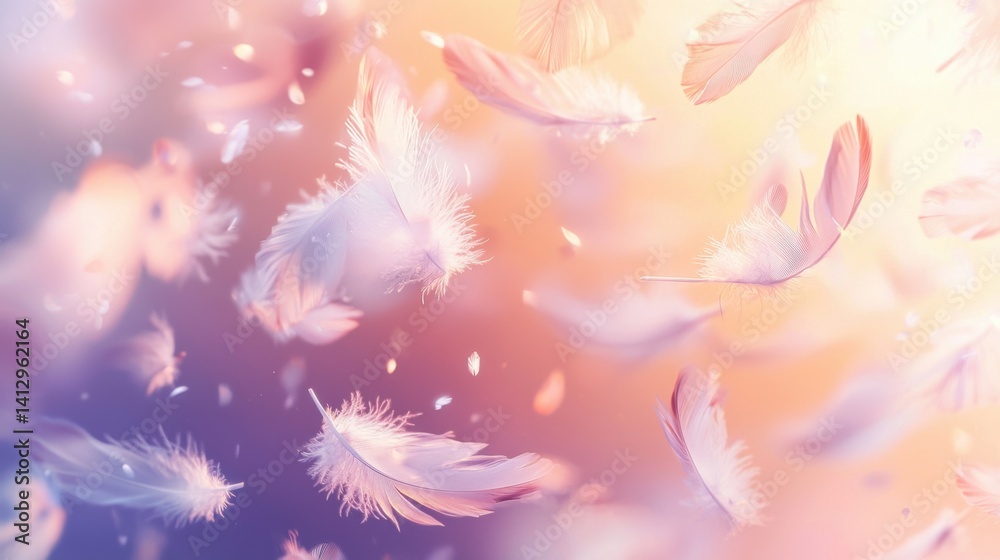 Fototapeta premium Soft feathers drift through the air, illuminated by gentle pastel colors at dawn. The serene atmosphere evokes a sense of calm and tranquility, inviting reflection