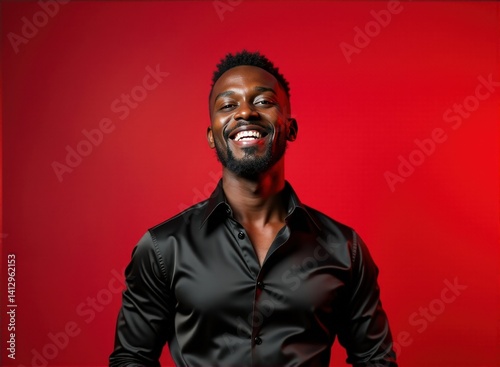 A man with dark skin and a buzz cut, wearing an elegant dress, expressing happiness, standing in front of a red background with studio lighting. Mockup.