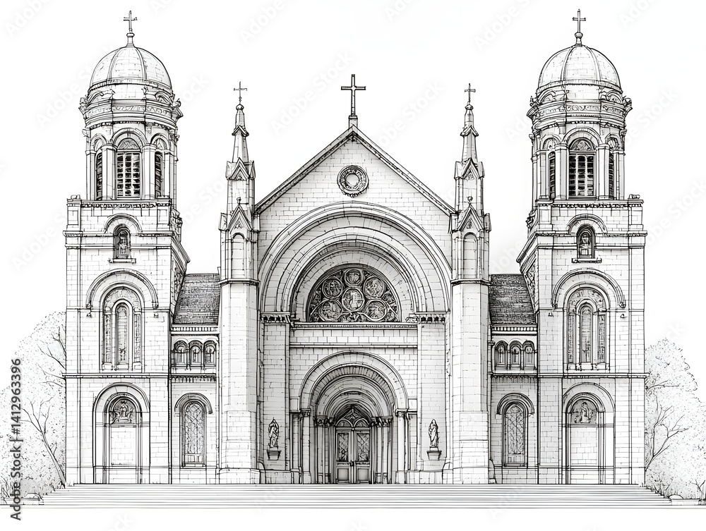 A historic church with towering spires and an intricately arched doorway