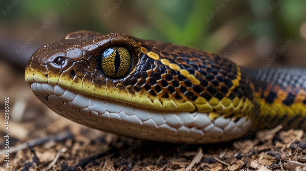 Snake head close-up, rainforest floor, blurred background, wildlife photography Snake head close-up, rainforest floor, blurred background, wildlife photography