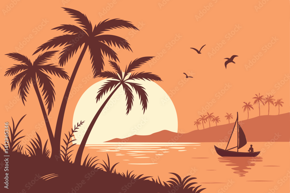 Fototapeta premium 34 Tropical sunset, beach silhouette, palm trees, orange sky, calm ocean, small boat, flying birds, vibrant colors, minimalist style, vector art, peaceful atmosphere, warm tones, serene landscape, ref