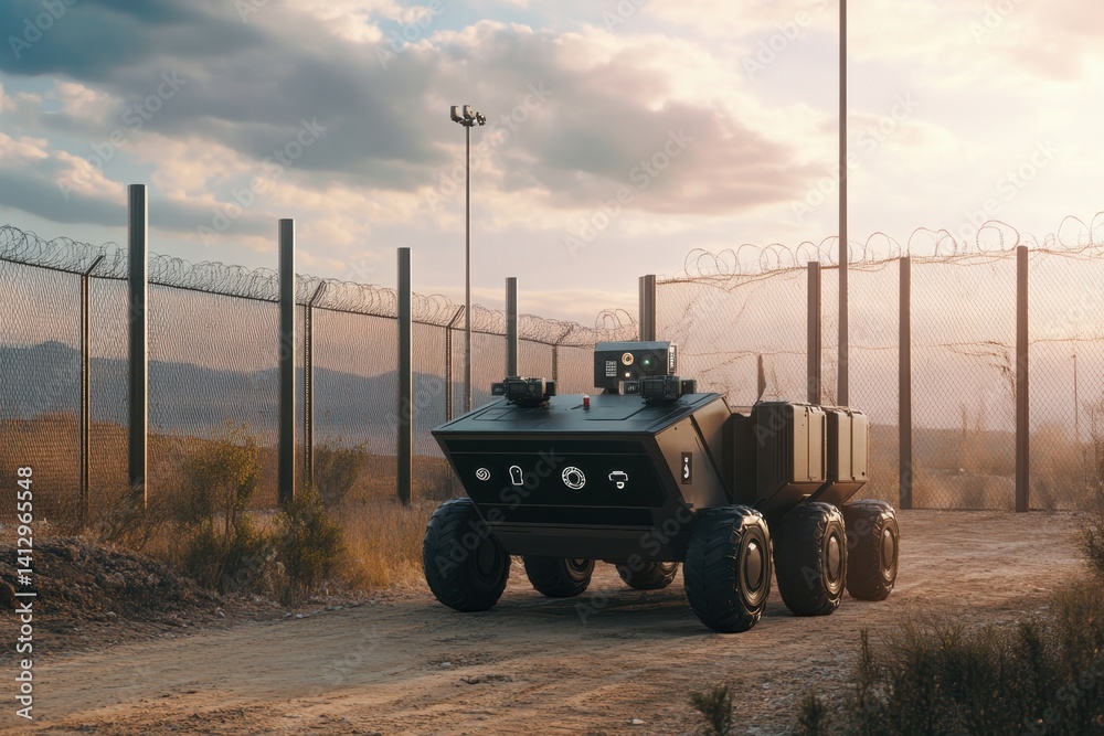 Fototapeta premium Advanced robotic vehicle patrolling a secure area near a fence at sunset