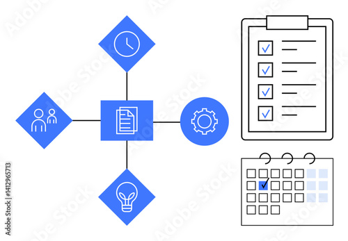 Central document linking time, teamwork, idea, and process icons with a checklist and calendar. Ideal for project management, planning, workflow, organization, productivity strategy flat simple