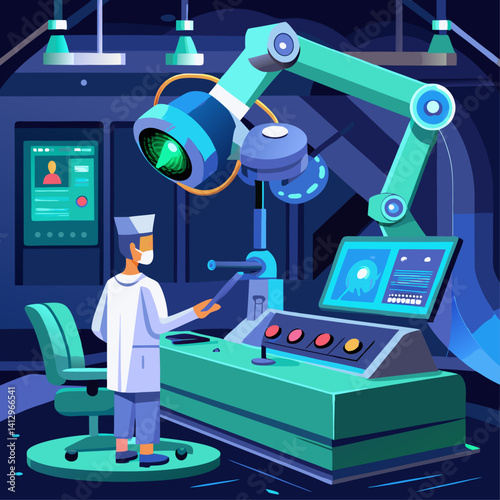 A man in a white lab coat is working on a machine. The machine is surrounded by wires and buttons. The man is wearing a mask. Scene is serious and focused