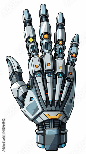 A hand with a black and red glove on it. The glove has a red and silver design