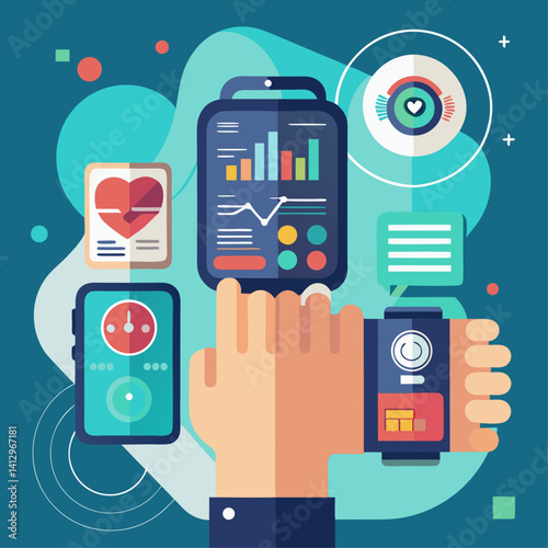 A man is wearing a smart watch and holding a cell phone. He is surrounded by various electronic devices, including a tablet and a laptop. Concept of a busy