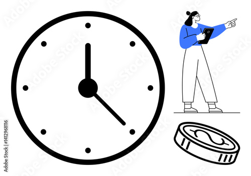 Large clock emphasizes time woman holds a tablet pointing out action with a coin symbolizing value. Ideal for productivity, business planning, finance, time tracking, scheduling, motivation, simple