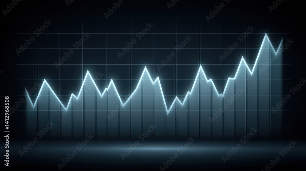 Dynamic glowing financial chart with increasing trend line graph representing data analysis and market growth on dark background with grid layout Dynamic glowing financial chart with increasing trend line graph representing data analysis and market growth on dark background with grid layout