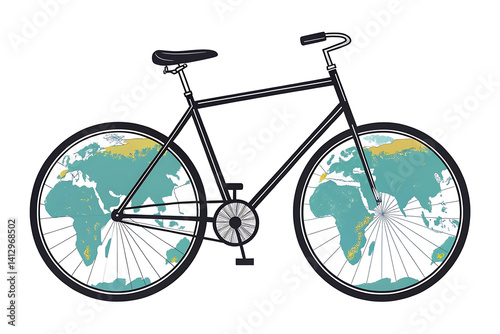 Earth Wheel Bicycle Illustration – World Bicycle Day Bike Design with Globe Wheels on Clean Background
