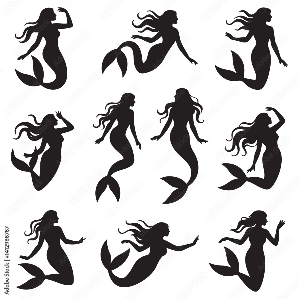 mermaid Vector Black silhouettes. with white background mermaid Vector Black silhouettes. with white background