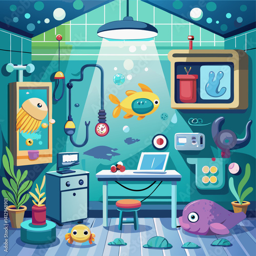 A cartoonish underwater scene with a fish swimming in a fish tank. The room is filled with various objects, including a chair, a sink, a bowl, and a bookcase. Scene is playful and whimsical