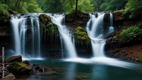 Serene waterfall cascades through lush forest