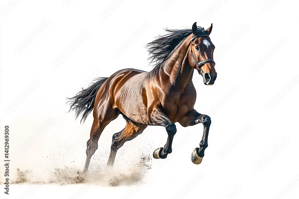 Powerful Bay Horse Galloping with Mane Flying on White Background Powerful Bay Horse Galloping with Mane Flying on White Background