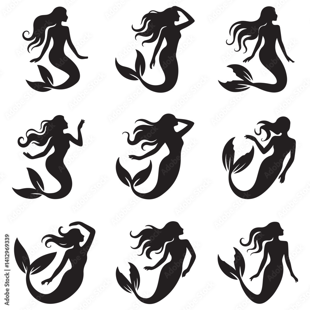 mermaid Vector Black silhouettes. with white background mermaid Vector Black silhouettes. with white background