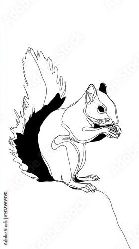 Playful Squirrel Lineart Illustration - Black and White Nature Art Vector: Cute Wildlife Drawing for Nature Lovers