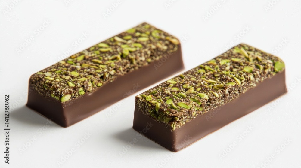 A stack of chocolate bars with a pistachio filling, placed on a marble surface, showcasing an appealing combination of flavors. A stack of chocolate bars with a pistachio filling, placed on a marble surface, showcasing an appealing combination of flavors.