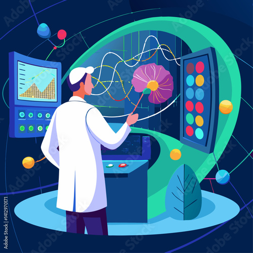 A man in a white lab coat is standing in front of a computer monitor with a brain on it. He is pointing at the monitor and he is explaining something to someone. Concept of scientific discovery
