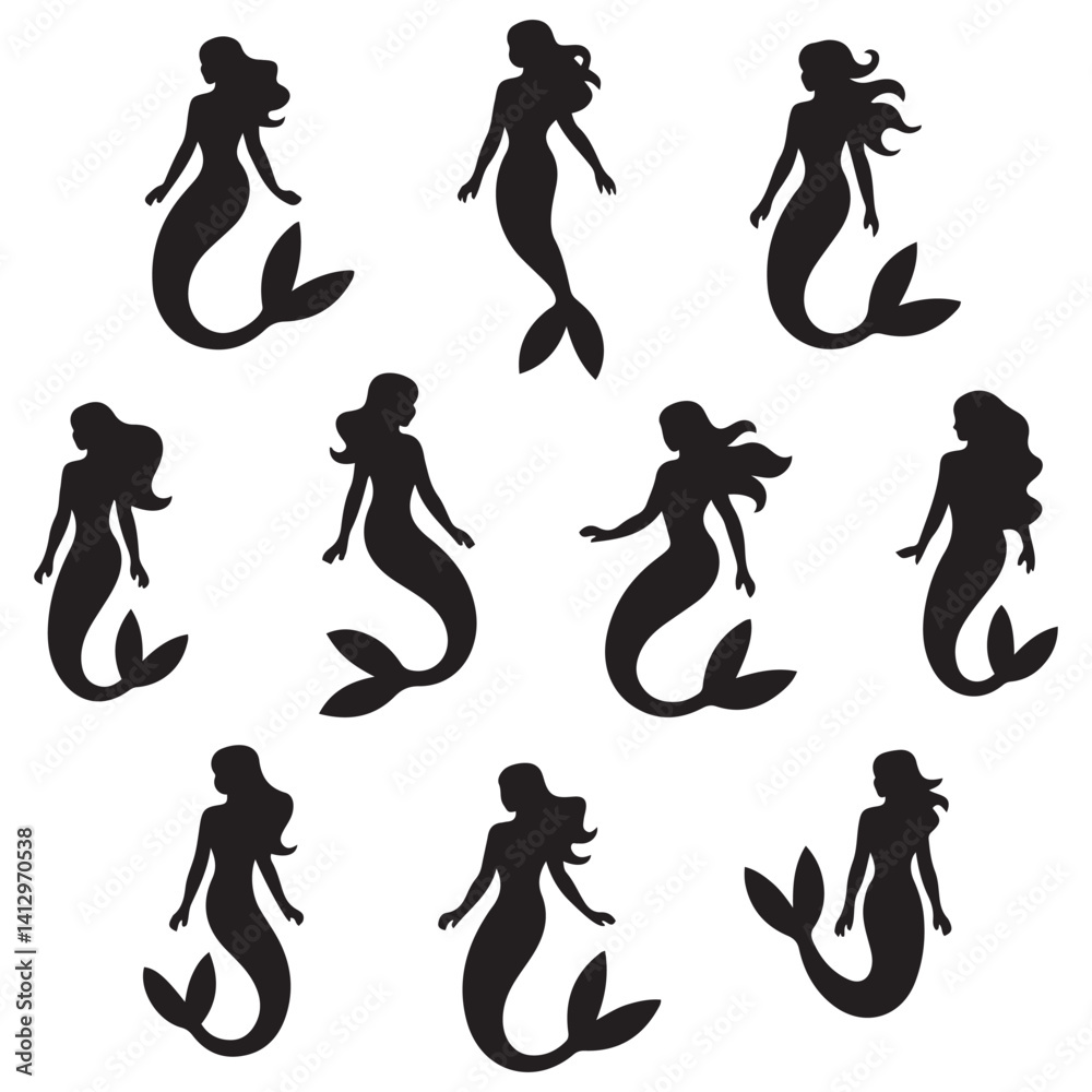 Fototapeta premium mermaid Vector Black silhouettes. with white background