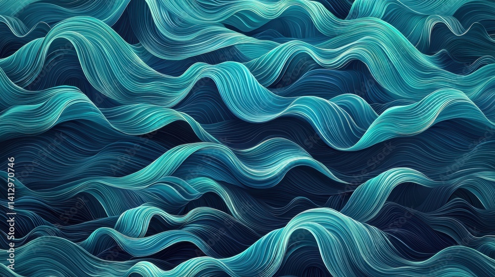 Obraz premium Curved lines and dynamic waves in shades of blue and green create a mesmerizing abstract design that evokes the movement of water. The artwork captures fluidity and depth